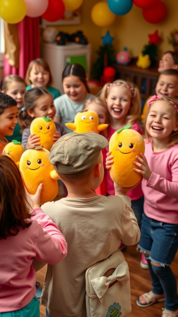 Children happily singing and dancing in a circle with plush potatoes.